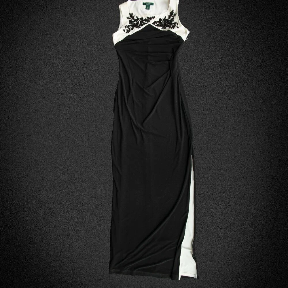 Lauren Ralph Lauren Evening Gown Black and White Embroidered Bodice 2 - Picture 7 of 13